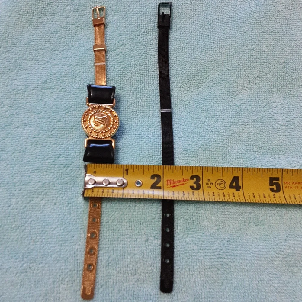 Versace-Inspired Black Leather Bracelet with Gold Medallion & Gold Mesh Strap